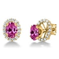 thumbnail image 1 of Gem Stone King 18K Yellow Gold Plated Silver Oval Pink Created Sapphire Removable Jacket Stud Earrings for Women, 1 of 3
