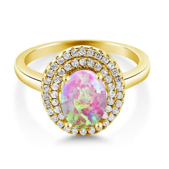 Gem Stone King 18K Yellow Gold Plated Silver Oval Pink Simulated Opal Halo Engagement Ring for Women (2.25 Cttw, Gemstone October Birthstone, Oval Cabochon 8X6MM, Size 6)