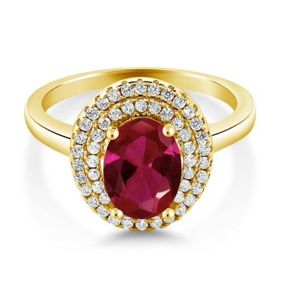 Gem Stone King 18K Yellow Gold Plated Silver Oval Red Created Ruby Halo Engagement Ring for Women (2.55 Cttw, Gemstone July Birthstone, Oval 8X6MM, Size 7)