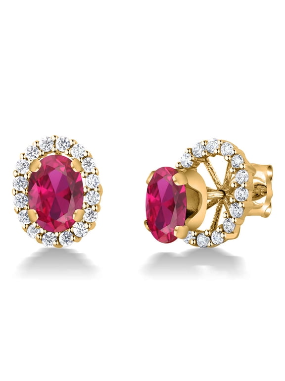 18K Yellow Gold Plated Silver Oval Red Created Ruby Removable Jacket Stud Earrings for Women