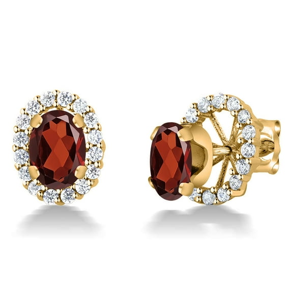 Gem Stone King 18K Yellow Gold Plated Silver Oval Red Garnet Removable Jacket Stud Earrings for Women
