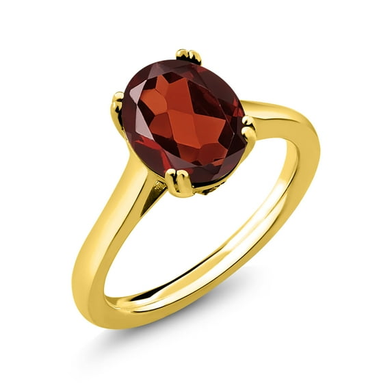 Gem Stone King 18K Yellow Gold Plated Silver Oval Red Garnet and White Moissanite Ring for Women | 3.68 Cttw | oval 11X9MM (Size 7)