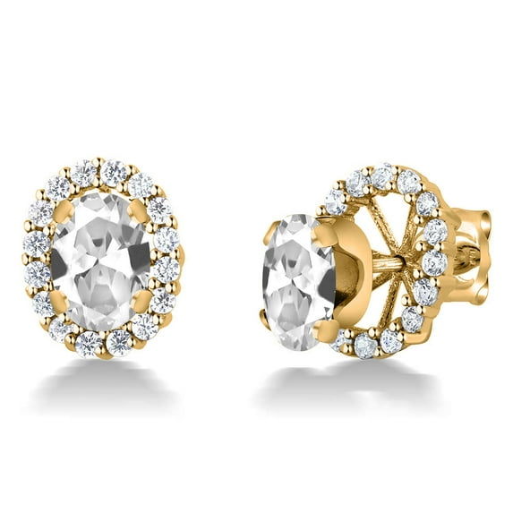 Gem Stone King 18K Yellow Gold Plated Silver Oval White Created Sapphire Removable Jacket Stud Earrings for Women