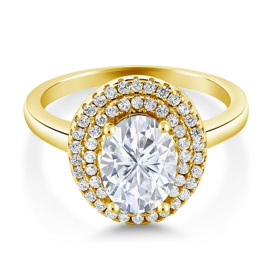 Gem Stone King 18K Yellow Gold Plated Silver Oval White Moissanite Halo Engagement Ring for Women (2.70 Cttw, Gemstone Birthstone, Oval 8X6MM, Size 6)
