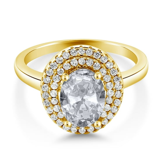 Gem Stone King 18K Yellow Gold Plated Silver Oval White Topaz Halo Engagement Ring for Women (2.70 Cttw, Gemstone November Birthstone, Oval 8X6MM, Size 6)