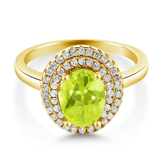 Gem Stone King 18K Yellow Gold Plated Silver Oval Yellow Lemon Quartz Halo Engagement Ring for Women (2.30 Cttw, Gemstone Birthstone, Oval 8X6MM, Size 7)