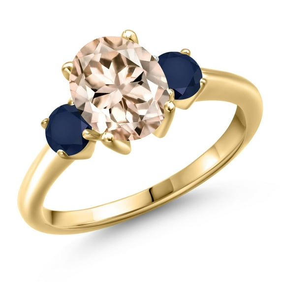 Gem Stone King 18K Yellow Gold Plated Silver Peach Morganite and Blue Sapphire Engagement Ring for Women | 2.30 Cttw | Oval 9X7MM | Gemstone October Birthstone | Size 7