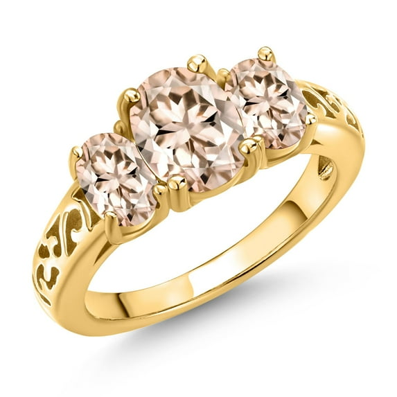 Gem Stone King 18K Yellow Gold Plated Silver Peach Morganite Filigree Style 3 Stone Ring for Women (2.00 Cttw, Oval 8X6MM and 6X4MM) (Size 7)