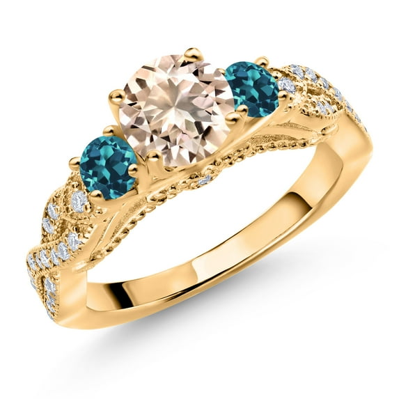 Gem Stone King 18K Yellow Gold Plated Silver Peach Morganite London Blue Topaz and White Moissanite Engagement Ring for Women (1.13 Cttw, Gemstone October Birthstone, Round 6MM and 3MM, Size 7)