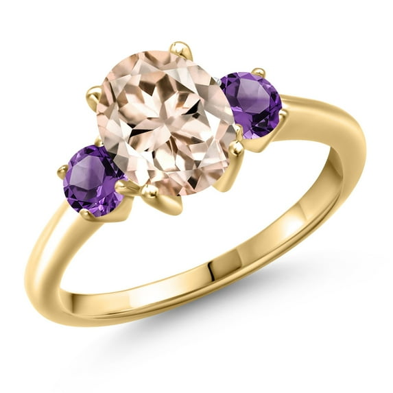 Gem Stone King 18K Yellow Gold Plated Silver Peach Morganite and Purple Amethyst Engagement Ring for Women | 2.10 Cttw | Oval 9X7MM | Gemstone October Birthstone | Size 5