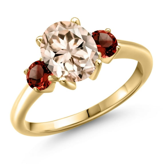 Gem Stone King 18K Yellow Gold Plated Silver Peach Morganite and Red Garnet Engagement Ring for Women | 2.34 Cttw | Oval 9X7MM | Gemstone October Birthstone | Size 6