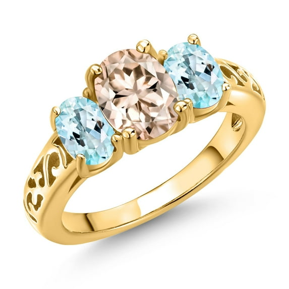 Gem Stone King 18K Yellow Gold Plated Silver Peach Morganite and Sky Blue Topaz Filigree Style 3 Stone Ring for Women (2.00 Cttw, Oval 8X6MM and 6X4MM) (Size 6)