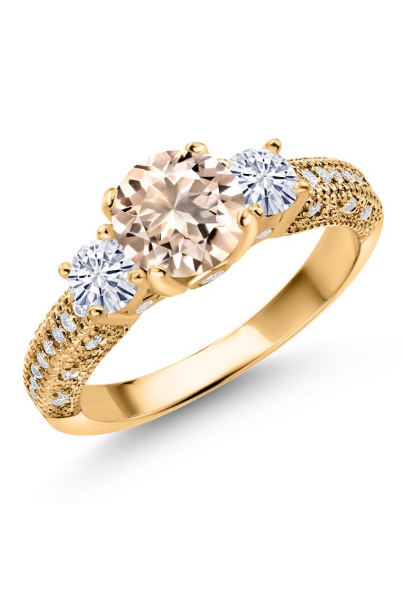 18K Yellow Gold Plated Silver Peach Morganite and White Moissanite Engagement Ring for Women (1.69 Cttw, Gemstone October Birthstone, Round 7MM and 4MM, Size 9)