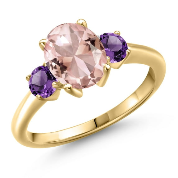 Gem Stone King 18K Yellow Gold Plated Silver Peach Nano Morganite and Purple Amethyst Engagement Ring for Women | 2.50 Cttw | Oval 9X7MM | Gemstone October Birthstone | Size 5