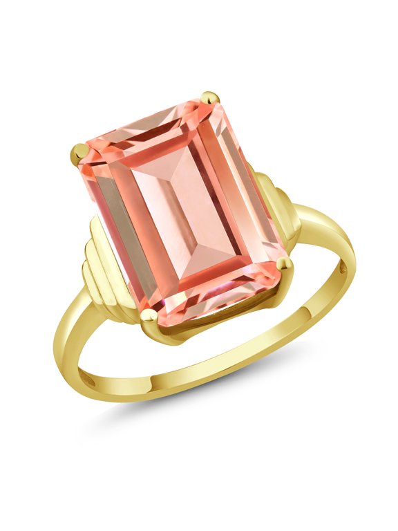 18K Yellow Gold Plated Silver Peach Nano Morganite Ring for Women (6.30 Cttw, Emerald Cut 14X10MM, Gemstone October Birthstone, Available in Size 5, 6, 7, 8, 9)