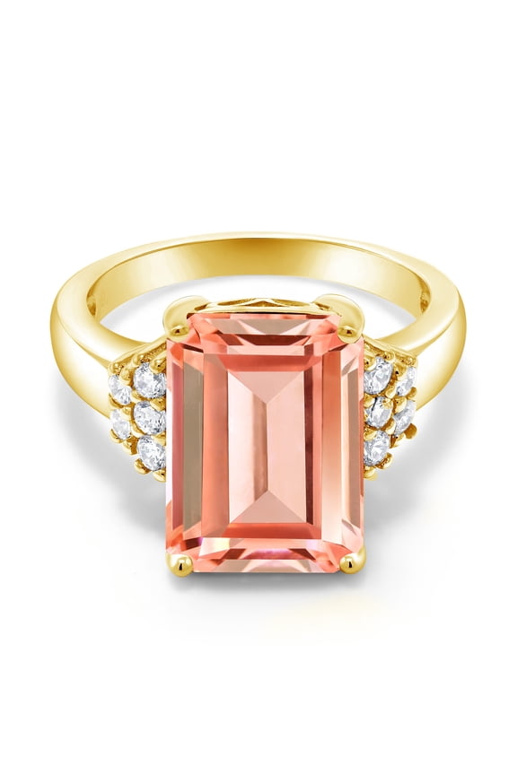 18K Yellow Gold Plated Silver Peach Nano Morganite Ring for Women (6.60 Cttw, Gemstone October Birthstone, Emerald Cut 14X10MM, Available in Size 5, 6, 7, 8, 9)