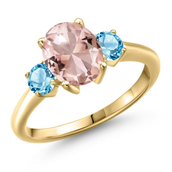 Gem Stone King 18K Yellow Gold Plated Silver Peach Nano Morganite and Swiss Blue Topaz Engagement Ring for Women | 2.71 Cttw | Oval 9X7MM | Gemstone October Birthstone | Size 6