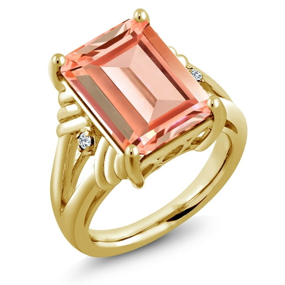 Gem Stone King 18K Yellow Gold Plated Silver Peach Nano Morganite and White Topaz Engagement Ring for Women (6.34 Cttw, Gemstone October Birthstone, Emerald Cut 14X10MM, Size 7)