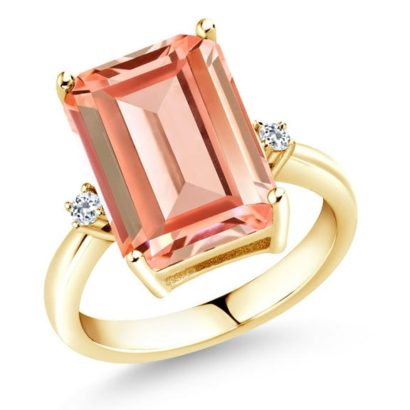 Gem Stone King 18K Yellow Gold Plated Silver Peach Nano Morganite and White Topaz Ring for Women (6.38 Cttw, Emerald Cut 14x10MM, Gemstone October Birthstone, Size 5)