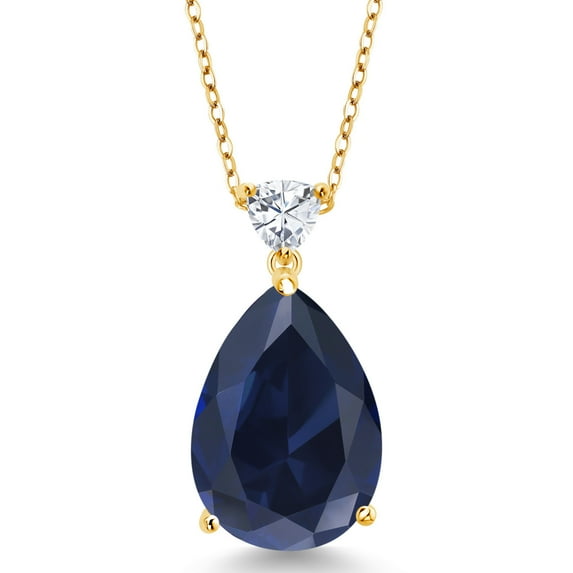 Gem Stone King 18K Yellow Gold Plated Silver Pear Shape Created Sapphire and White Moissanite Pendant Necklace for Women (13.10 Cttw, with 18 inch Chain)