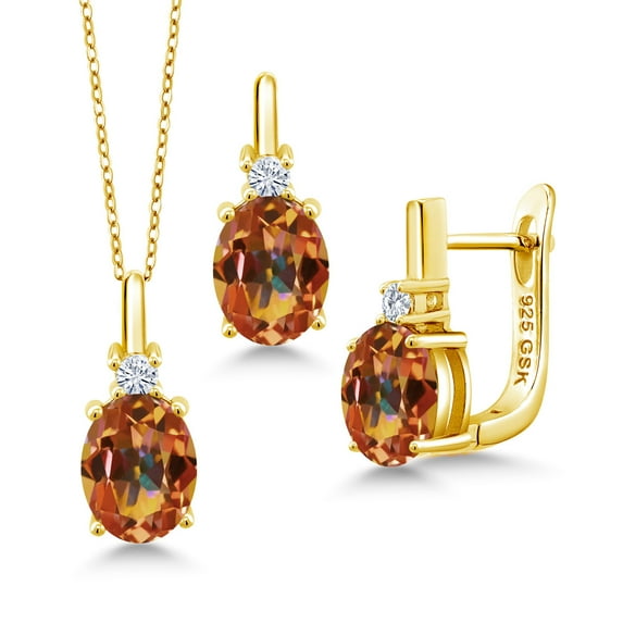 Gem Stone King 18K Yellow Gold Plated Silver Pendant and Earrings Jewelry Set Mystic Topaz Moissanite (6.20 Cttw)
