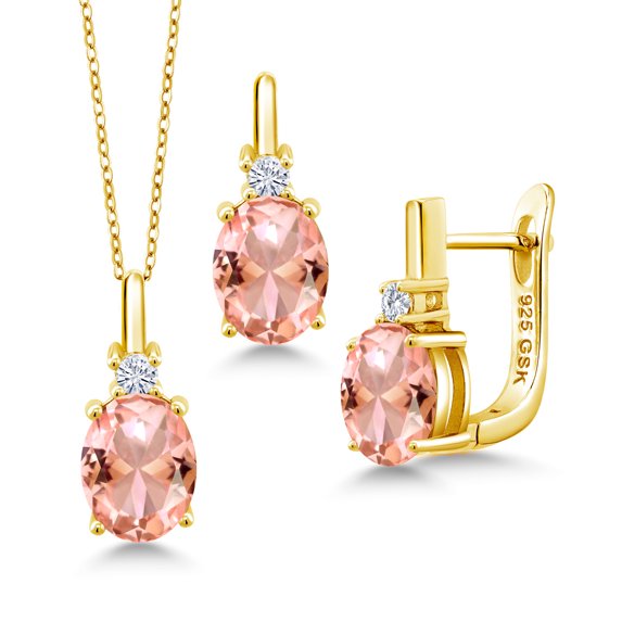 Gem Stone King 18K Yellow Gold Plated Silver Pendant and Earrings Jewelry Set Nano Morganite Moissanite (6.20 Cttw)