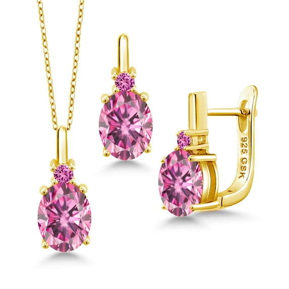 Gem Stone King 18K Yellow Gold Plated Silver Pendant and Earrings Jewelry Set Pink Moissanite Created Sapphire (6.15 Cttw)