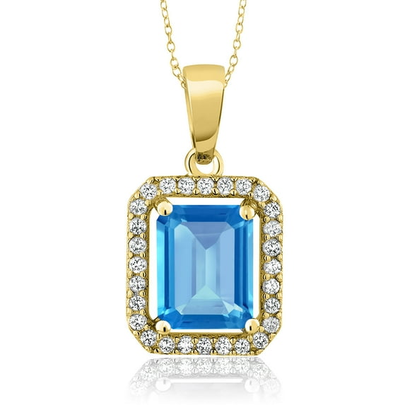 Gem Stone King 18K Yellow Gold Plated Silver Pendant with 18 inch Chain Octagon Swiss Blue Topaz Moissanite (2.78 Cttw)
