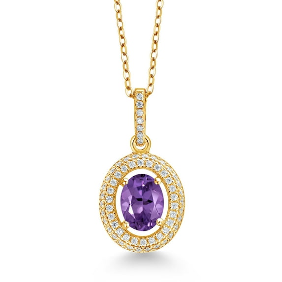 Gem Stone King 18K Yellow Gold Plated Silver Pendant with Chain Oval Amethyst and White Moissanite (1.47 Cttw)