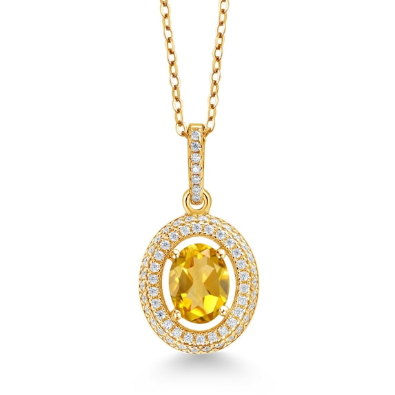Gem Stone King 18K Yellow Gold Plated Silver Pendant with Chain Oval Citrine and White Moissanite (1.62 Cttw)