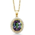 thumbnail image 1 of Gem Stone King 18K Yellow Gold Plated Silver Pendant with Chain Oval Green Mystic Quartz and Moissanite (3.92 Cttw), 1 of 3