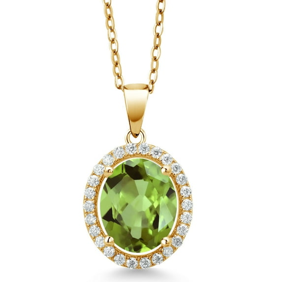 Gem Stone King 18K Yellow Gold Plated Silver Pendant with Chain Oval Green Peridot and Moissanite (3.32 Cttw)