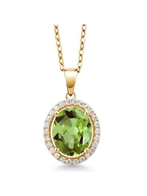 18K Yellow Gold Plated Silver Pendant with Chain Oval Green Peridot and Moissanite (3.32 Cttw)
