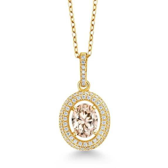 Gem Stone King 18K Yellow Gold Plated Silver Pendant with Chain Oval Morganite and White Moissanite (1.32 Cttw)