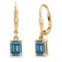 Gem Stone King 18K Yellow Gold Plated Silver Persian Blue Moissanite Drop Dangle Earrings for Women (2 Cttw, Gemstone April Birthstone, Emerald Cut 7X5MM)
