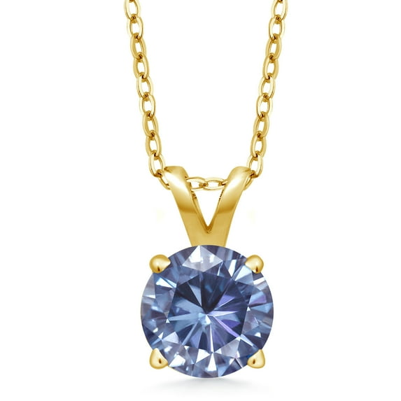 Gem Stone King 18K Yellow Gold Plated Silver Persian Blue Moissanite Pendant Necklace for Women (0.80 Cttw, Gemstone Birthstone, Round 6MM, With 18 inch Silver Chain)