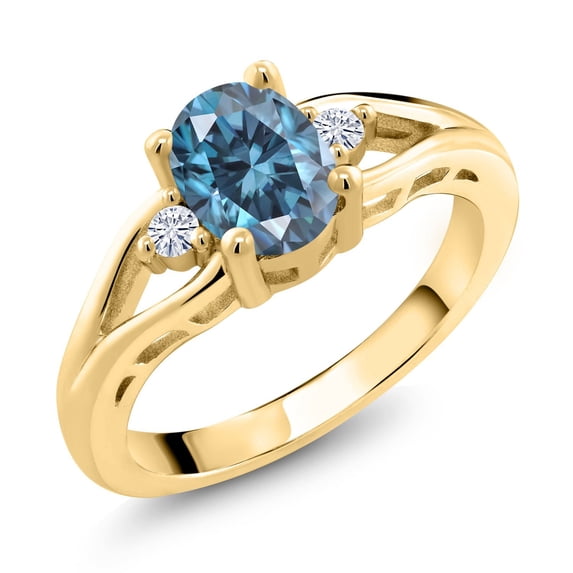 Gem Stone King 18K Yellow Gold Plated Silver Persian Blue Moissanite and White Moissanite 3 Stone Engagement Ring for Women | 1.46 Cttw | Oval 8X6MM | Round 2MM | Gemstone Birthstone | Size 6