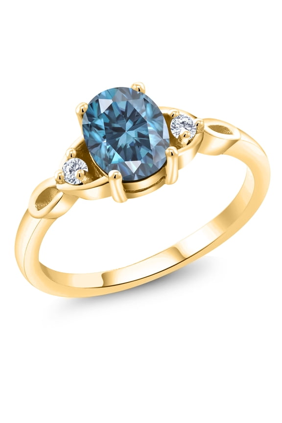 18K Yellow Gold Plated Silver Persian Blue Moissanite and White Moissanite 3-Stone Rings for Women (1.46 Cttw, Gemstone, Oval 8X6MM, Available in Size 5, 6, 7, 8, 9)