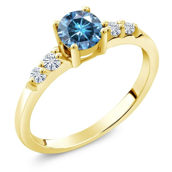 Gem Stone King 18K Yellow Gold Plated Silver Persian Blue Moissanite and White Moissanite Engagement Ring for Women (0.65 Cttw, Round 5MM, Gemstone Birthstone, Size 8)