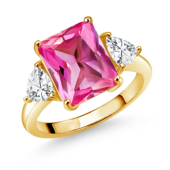 Gem Stone King 18K Yellow Gold Plated Silver Pink Created Sapphire 3 Stone Ring for Women (8.14 Cttw, Octagon 12X10MM, Trillion 5X5MM, September Birthstone, Size 7)