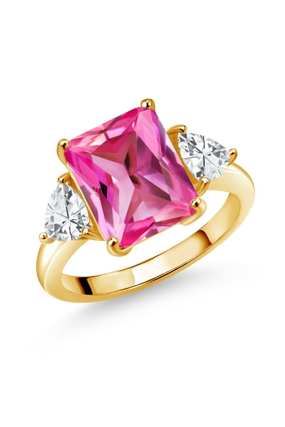 18K Yellow Gold Plated Silver Pink Created Sapphire 3 Stone Ring for Women (8.14 Cttw, Octagon 12X10MM, Trillion 5X5MM, September Birthstone, Size 7)