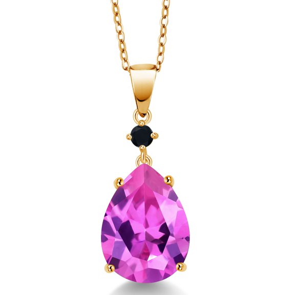 Gem Stone King 18K Yellow Gold Plated Silver Pink Created Sapphire and Black Onyx Pendant Necklace for Women (10.80 Cttw, Pear Shape 16X12MM, Gemstone, with 18 inch Chain)