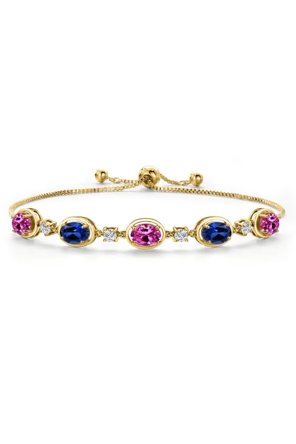 18K Yellow Gold Plated Silver Pink Created Sapphire and Blue Created Sapphire Bracelet for Women | 4.70 Cttw | Gemstone September Birthstone | Oval 7X5MM | Fully Adjustable 9 inch