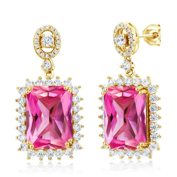 Gem Stone King 18K Yellow Gold Plated Silver Pink Created Sapphire Dangle Earrings for Women (20.60 Cttw, Gemstone September Birthstone, Octagon 14X10MM)