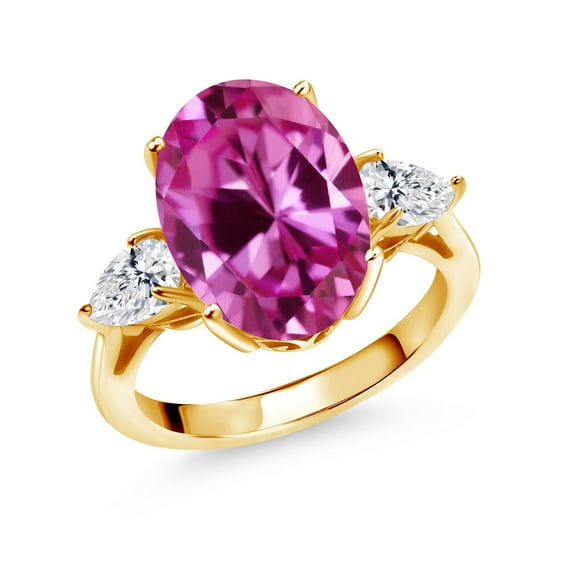 Gem Stone King 18K Yellow Gold Plated Silver Pink Created Sapphire and Lab Grown Diamond Engagement Ring for Women | 6.70 Cttw | Oval 14X10MM | Gemstone September Birthstone | Size 5