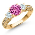 thumbnail image 1 of Gem Stone King 18K Yellow Gold Plated Silver Pink Created Sapphire Sky Blue Aquamarine and White Moissanite Engagement Ring for Women (2.24 Ct, Gemstone September Birthstone, Round 7MM, Size 8), 1 of 3