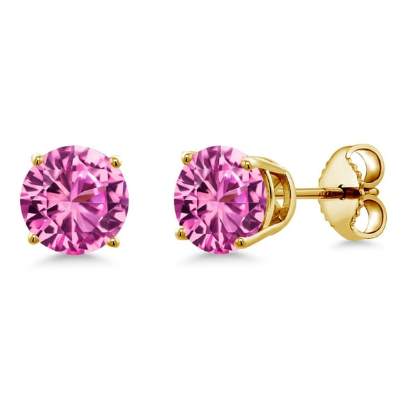 Gem Stone King 18K Yellow Gold Plated Silver Pink Created Sapphire Stud Earrings for Women Men (2.00 Cttw, Gemstone September Birthstone, Round 6MM)