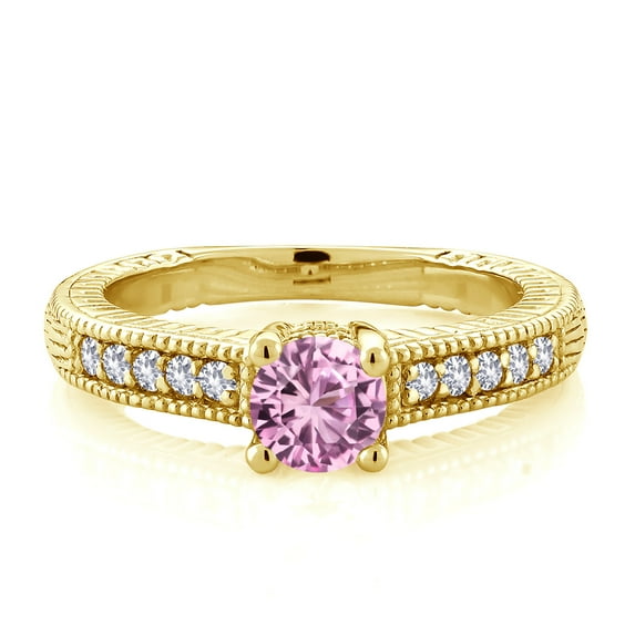 Gem Stone King 18K Yellow Gold Plated Silver Pink Created Sapphire and White Created Sapphire Women's Solitaire Ring with Accent Stones (0.70 Cttw, Round Shape 5MM, Size 8)