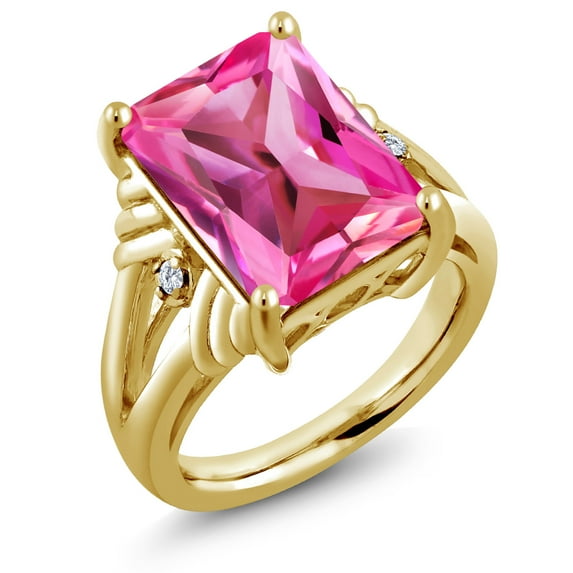 Gem Stone King 18K Yellow Gold Plated Silver Pink Created Sapphire and White Diamond Engagement Ring for Women (10.03 Cttw, Gemstone September Birthstone, Emerald Cut 14X10MM, Size 6)
