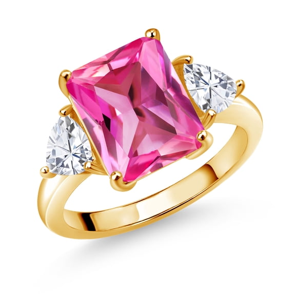 Gem Stone King 18K Yellow Gold Plated Silver Pink Created Sapphire and White Moissanite 3 Stone Ring for Women (7.54 Cttw, Octagon 12X10MM, Trillion 5X5MM, Gemstone September Birthstone, Size 9)